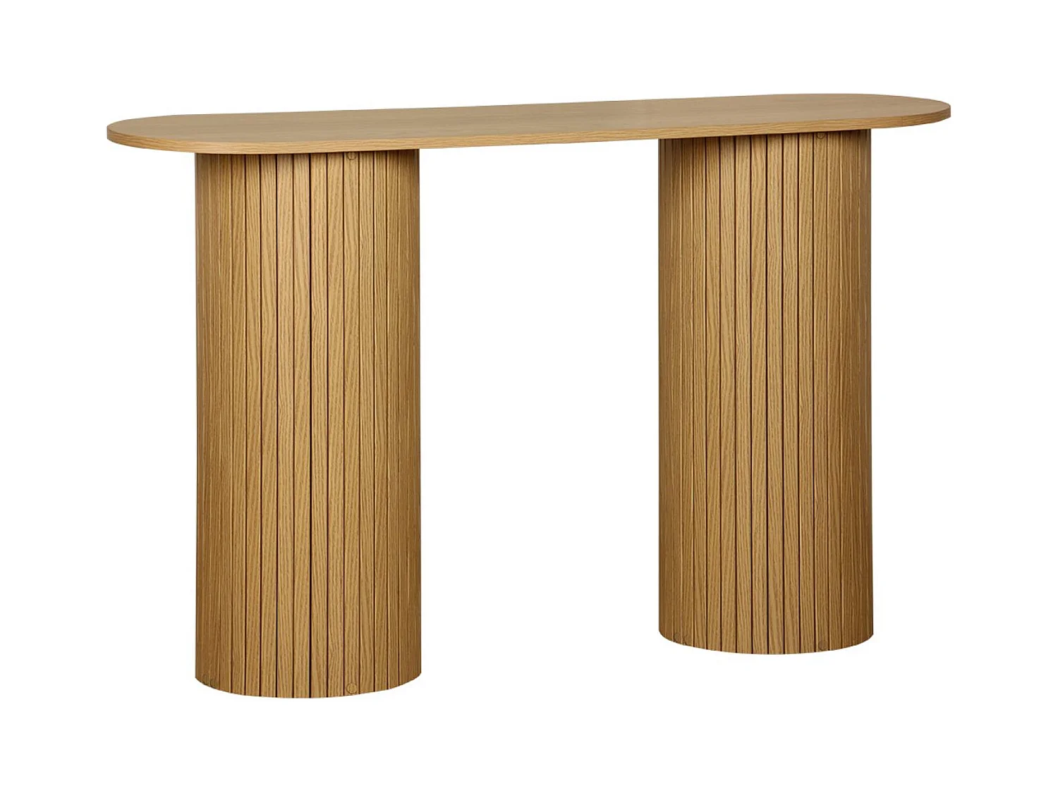 Console ovale scandinave effet bois rainuré. pieds ronds. couleur naturelle. L 120 x P 35 x H 75cm