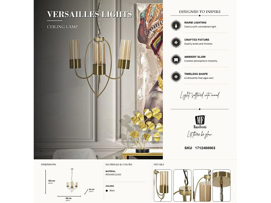 Lampe Suspension 3 Têtes "Versailles" 60cm Or