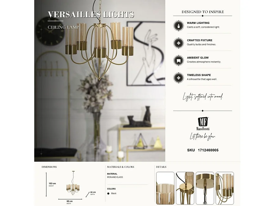Lampe Suspension 5 Têtes "Versailles" 60cm Or