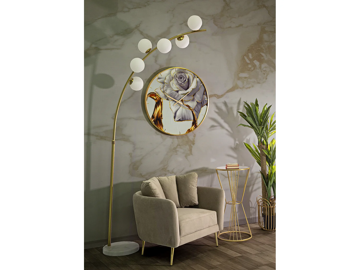 Lampadaire Arc 6 Sphères "Luci" 220cm Blanc & Or