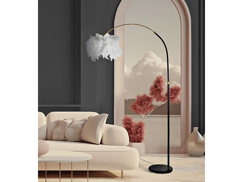 Lampadaire Imitation Plume "Arc" 180cm Blanc & Noir