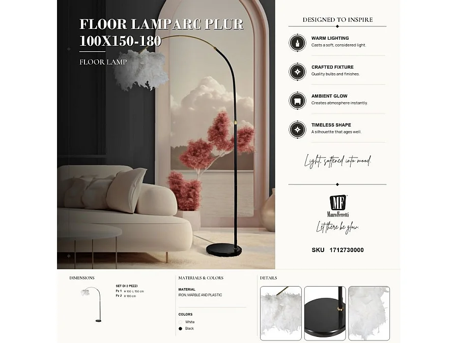 Lampadaire Imitation Plume "Arc" 180cm Blanc & Noir
