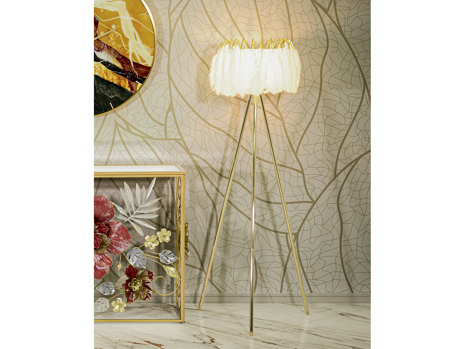 Lampadaire Imitation Plume "Stand" 147cm Or & Blanc