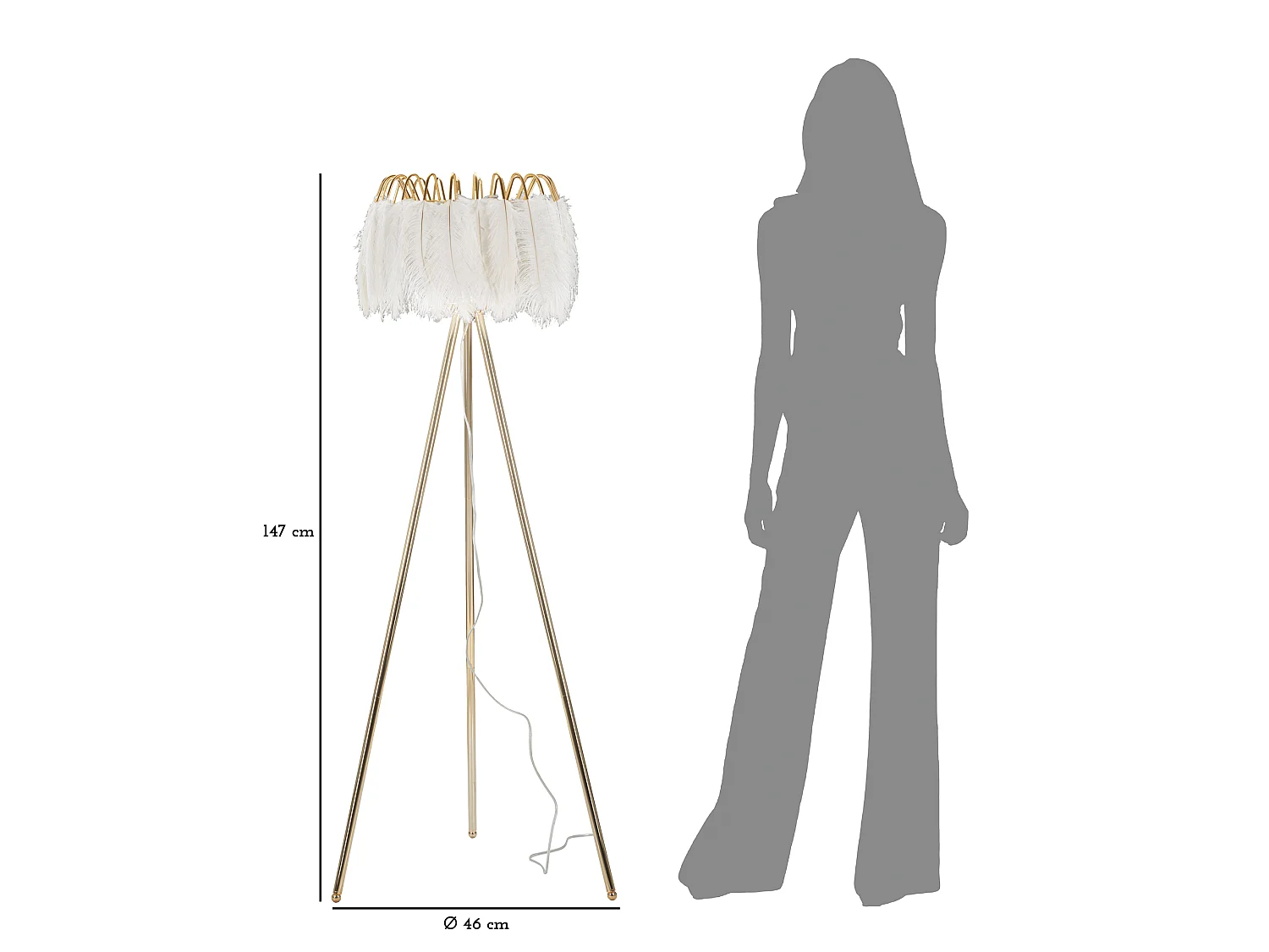 Lampadaire Imitation Plume "Stand" 147cm Or & Blanc