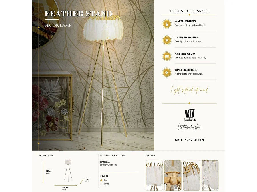 Lampadaire Imitation Plume "Stand" 147cm Or & Blanc