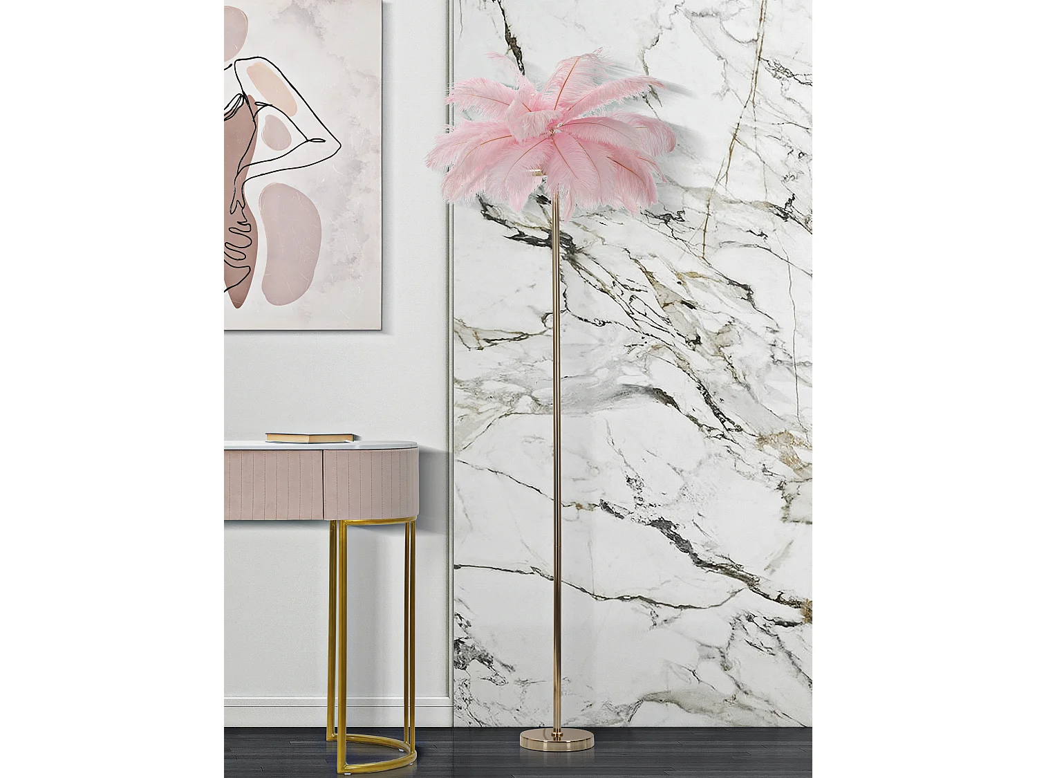 Lampadaire Imitation Plume "Palm" 160cm Or & Rose
