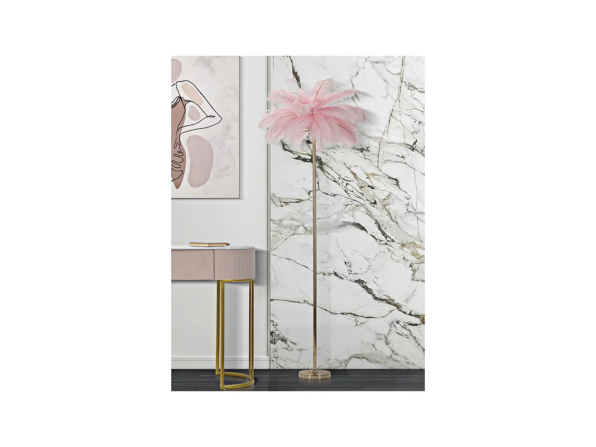 Lampada da Terra Palm Rosa - Piantana 3 Luci E14 in Metallo Dorato e Paralume con Piume Rosa Ø 55x160 cm
