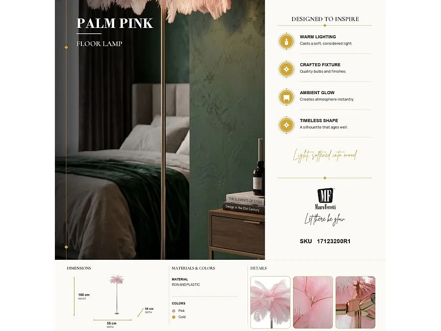 Lampada da Terra Palm Rosa - Piantana 3 Luci E14 in Metallo Dorato e Paralume con Piume Rosa Ø 55x160 cm