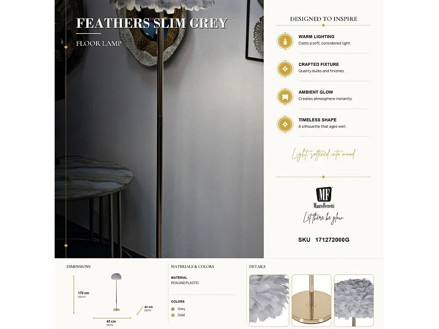 Lampadaire Imitation Plume "Slim" 170cm Or & Gris