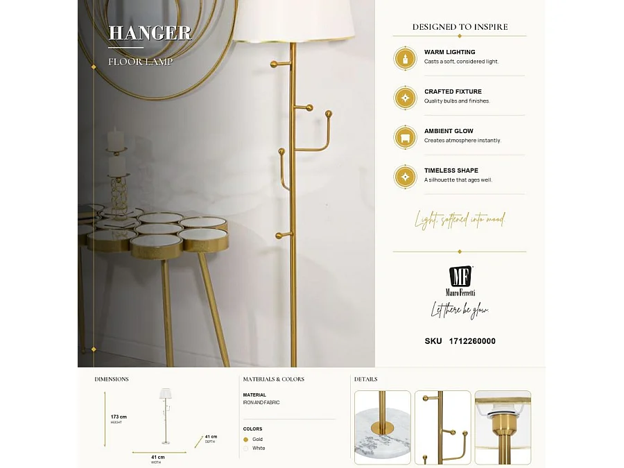 Lampadaire Design en Métal "Hanger" 173cm Blanc & Or