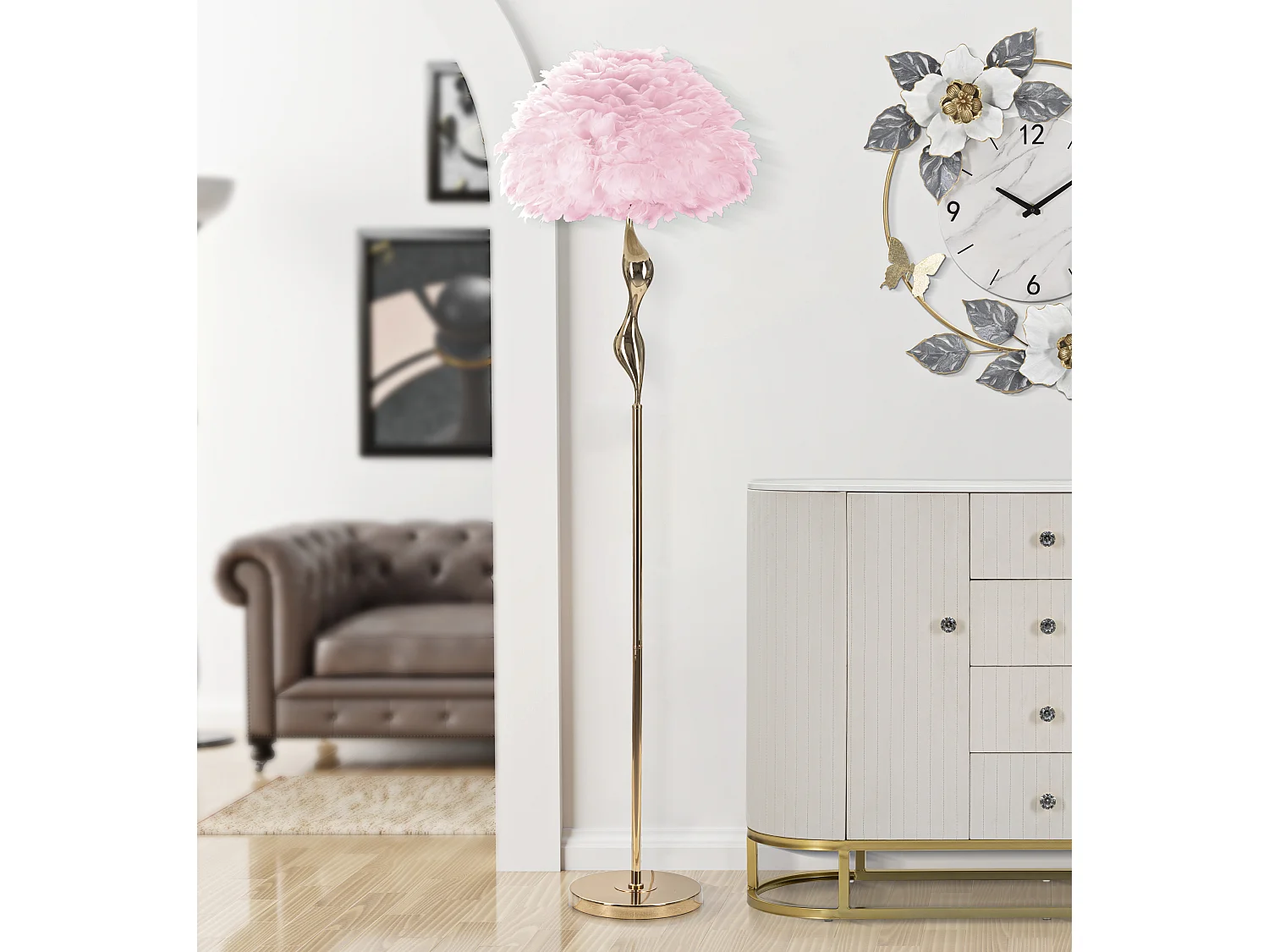 Lampadaire Imitation Plume "Slim" 165cm Or & Rose