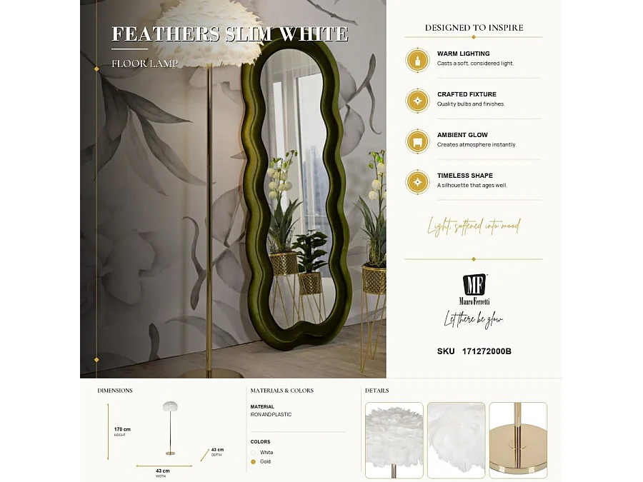 Lampadaire Imitation Plume "Slim" 170cm Or & Blanc
