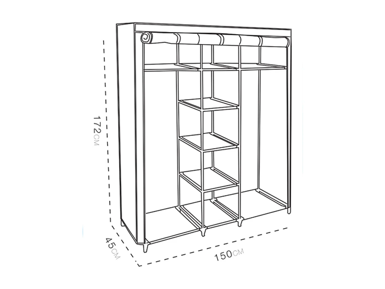 Armoire de rangement penderie dressing en toile coloris noir - Longueur 150 x profondeur 45 x Hauteur 172 cm.