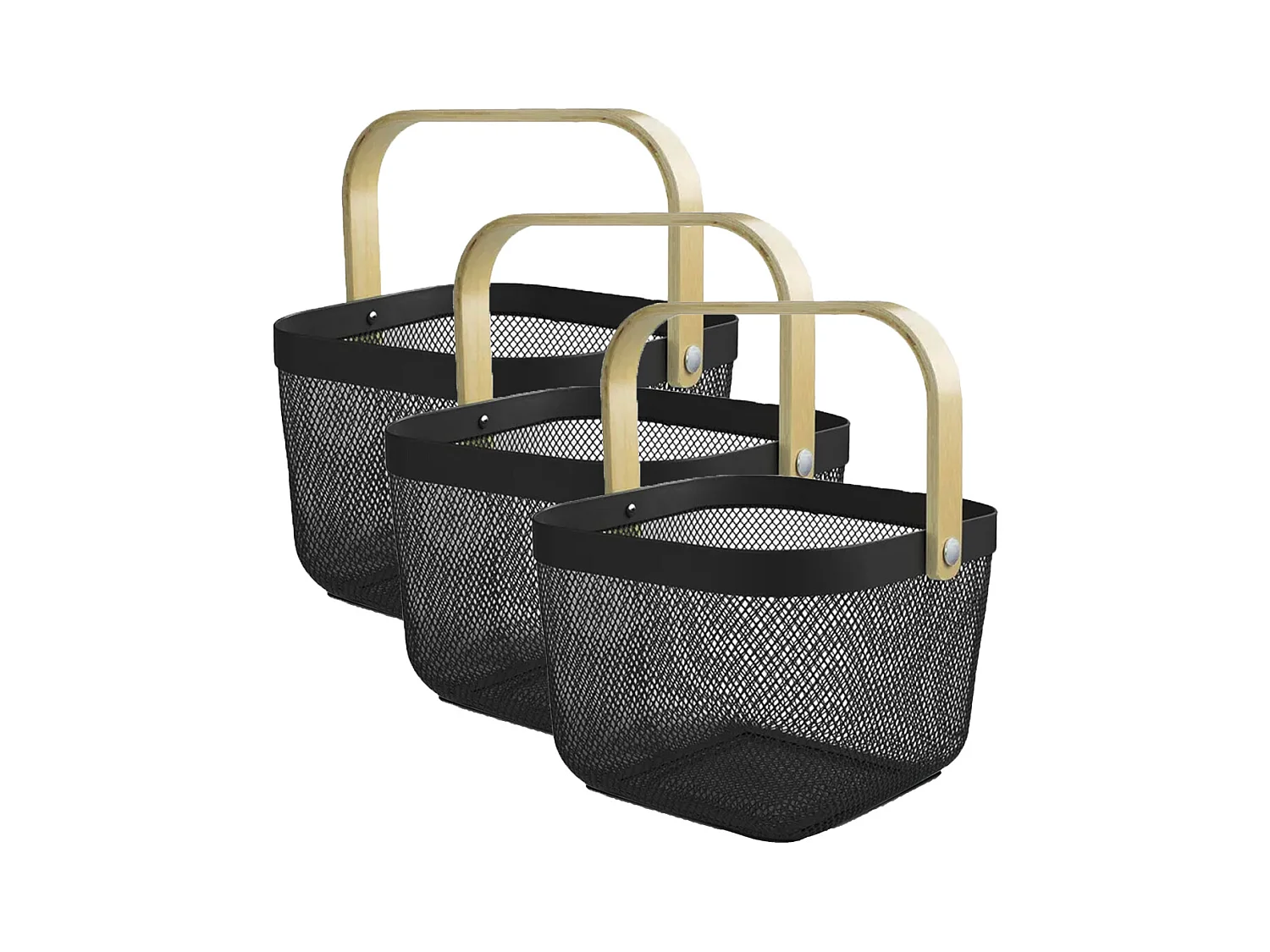 Lot de 6 panier de rangement, corbeille carrée avec anse, panier à mailles métalliques, panier à ustensiles coloris noir - Longueur 24.5 x Profondeur 24.5 x Hauteur 17.5 cm
