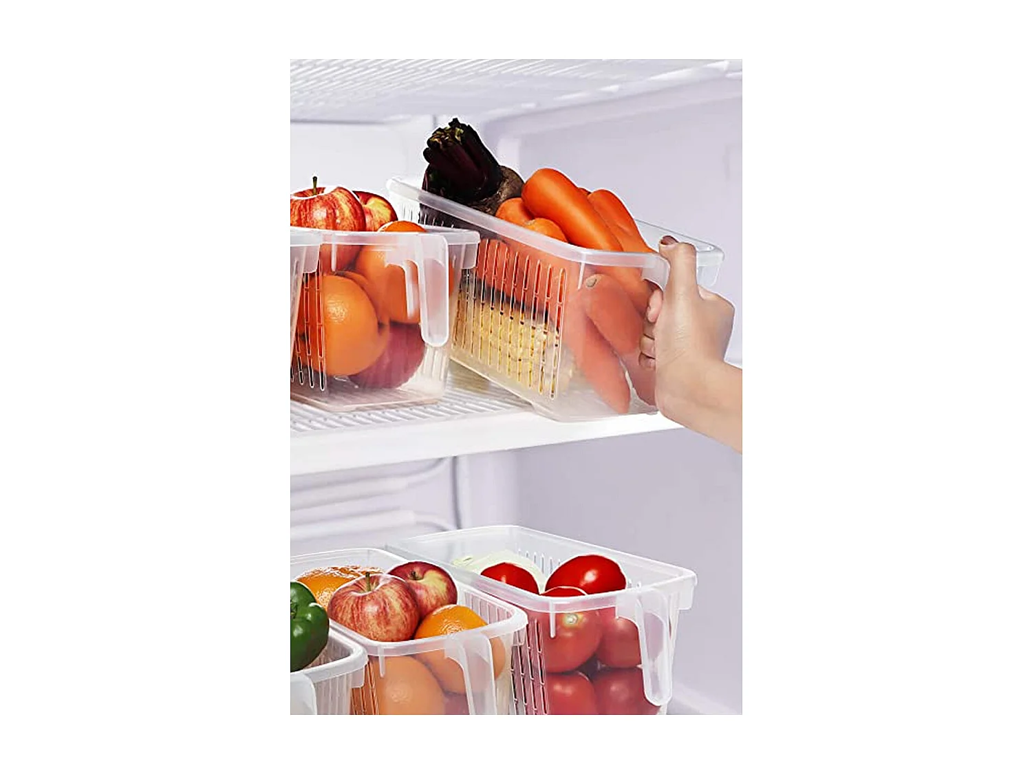 Lot de 3 organisateur de rangement pour réfrigérateur, bac de rangement effet maille avec poignée - Longueur 28.7 x Profondeur 15.9 x Hauteur 11.4 cm