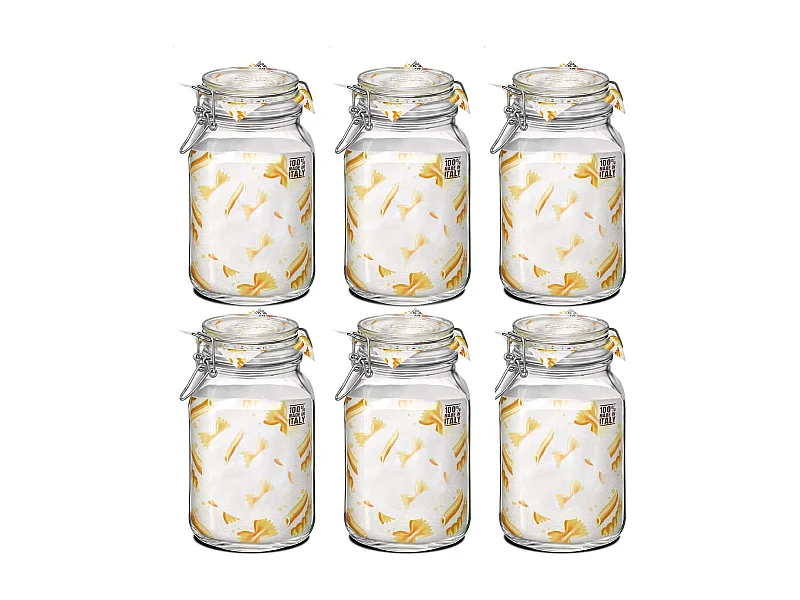 Lot de 6 bocaux hermétiques à bouchon mécanique, bocal pot de conservation, jarre en verre, capacité 2 L - Diamètre 12.5 x Hauteur 21.6 cm
