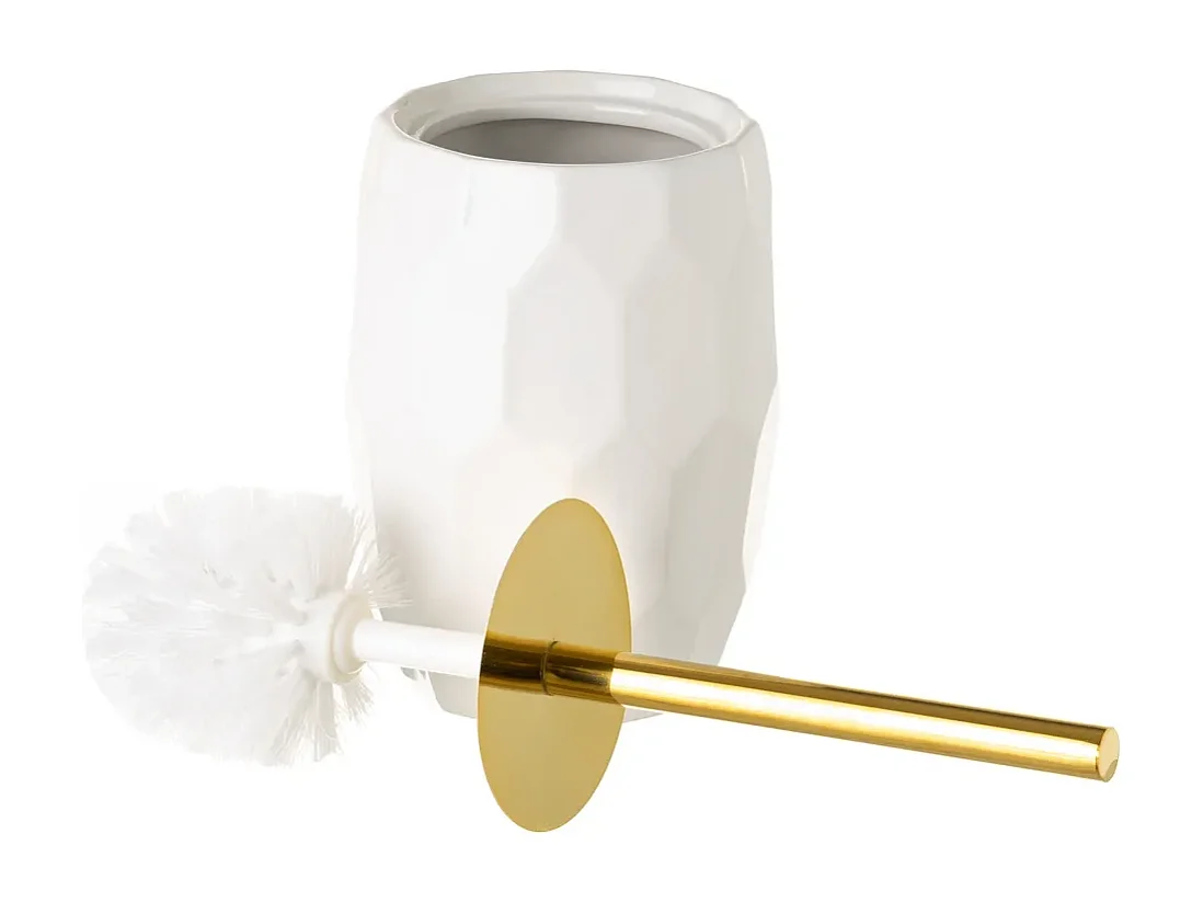 Brosse de toilette WC avec support, porte brosse WC en céramique coloris blanc/doré - Diamètre 12.5 x Hauteur 33 cm