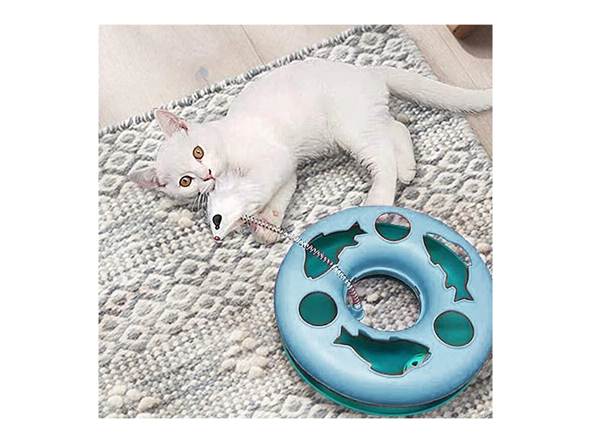 Circuit de jeu pour chat, jouet interactif d'intérieur avec souris et balles pour chat coloris bleu - Diamètre 25 x Hauteur 7 cm