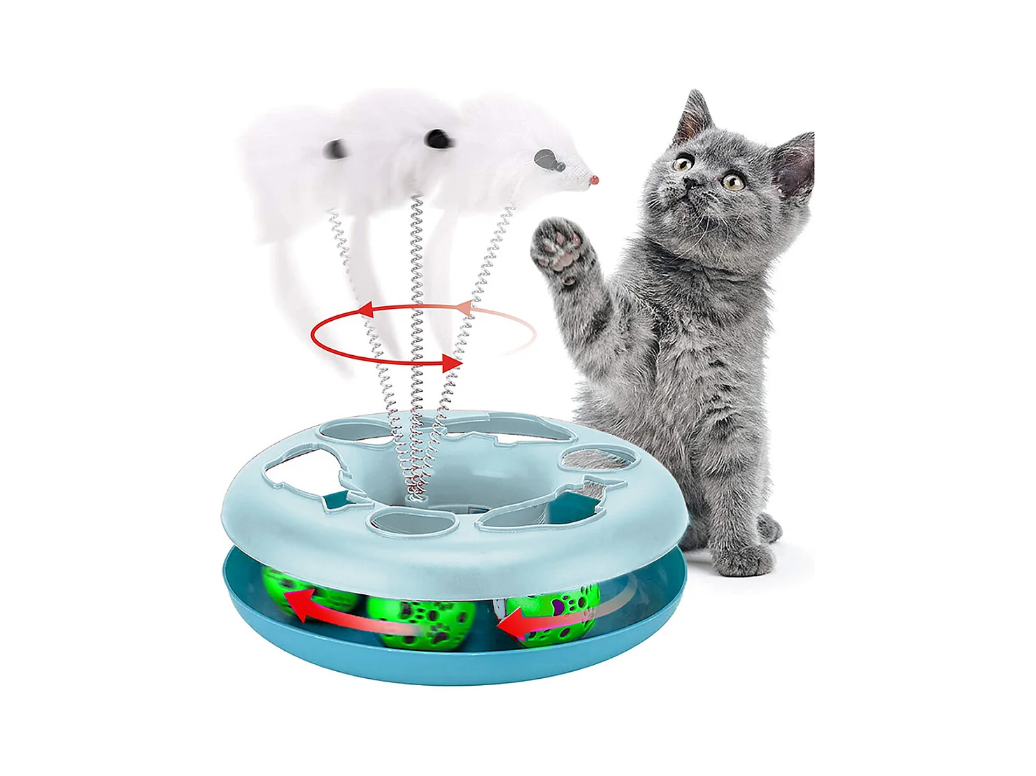Circuit de jeu pour chat, jouet interactif d'intérieur avec souris et balles pour chat coloris bleu - Diamètre 25 x Hauteur 7 cm