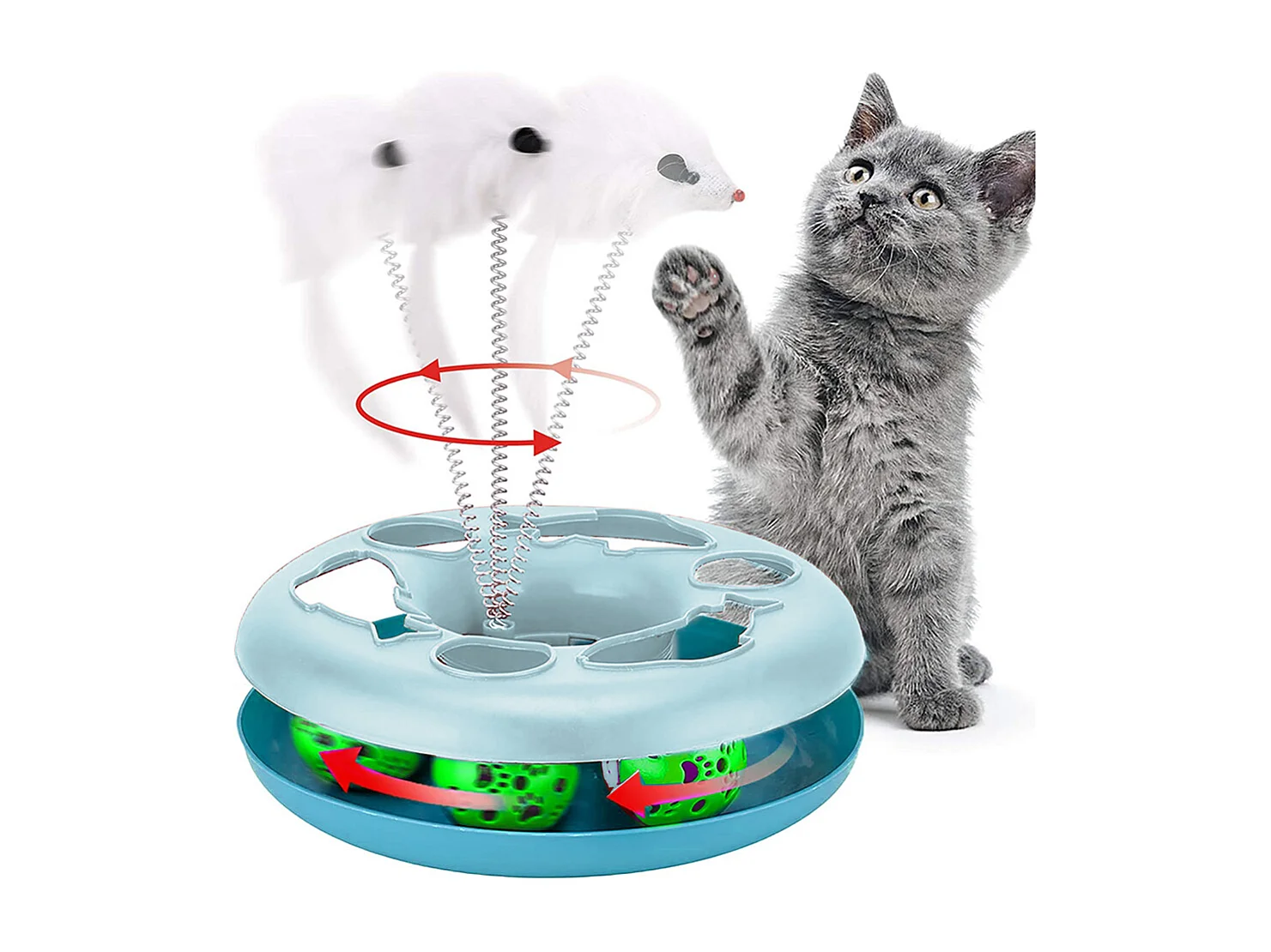 Circuit de jeu pour chat, jouet interactif d'intérieur avec souris et balles pour chat coloris bleu - Diamètre 25 x Hauteur 7 cm