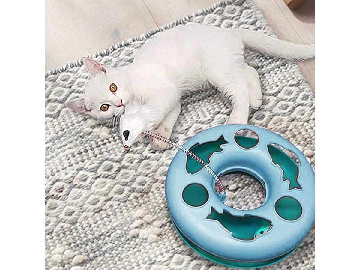 Circuit de jeu pour chat, jouet interactif d'intérieur avec souris et balles pour chat coloris bleu - Diamètre 25 x Hauteur 7 cm