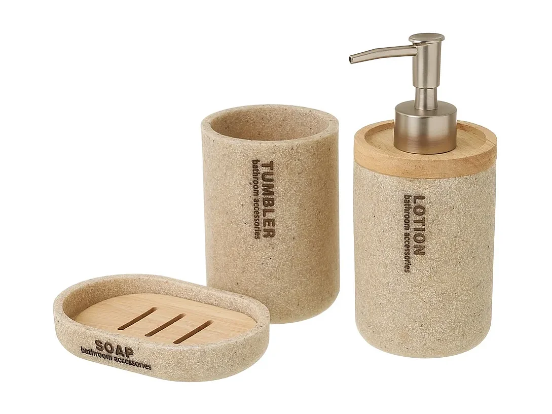 Ensemble d'accessoires salle de bain 3 pièces, set salle de bain avec distributeur de savon en polyrésine/bois coloris beige