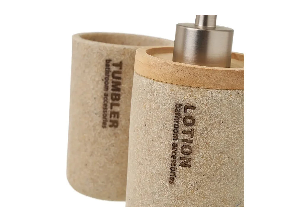 Ensemble d'accessoires salle de bain 3 pièces, set salle de bain avec distributeur de savon en polyrésine/bois coloris beige