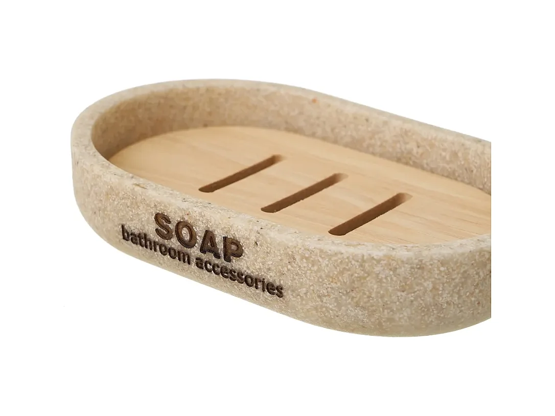 Ensemble d'accessoires salle de bain 3 pièces, set salle de bain avec distributeur de savon en polyrésine/bois coloris beige
