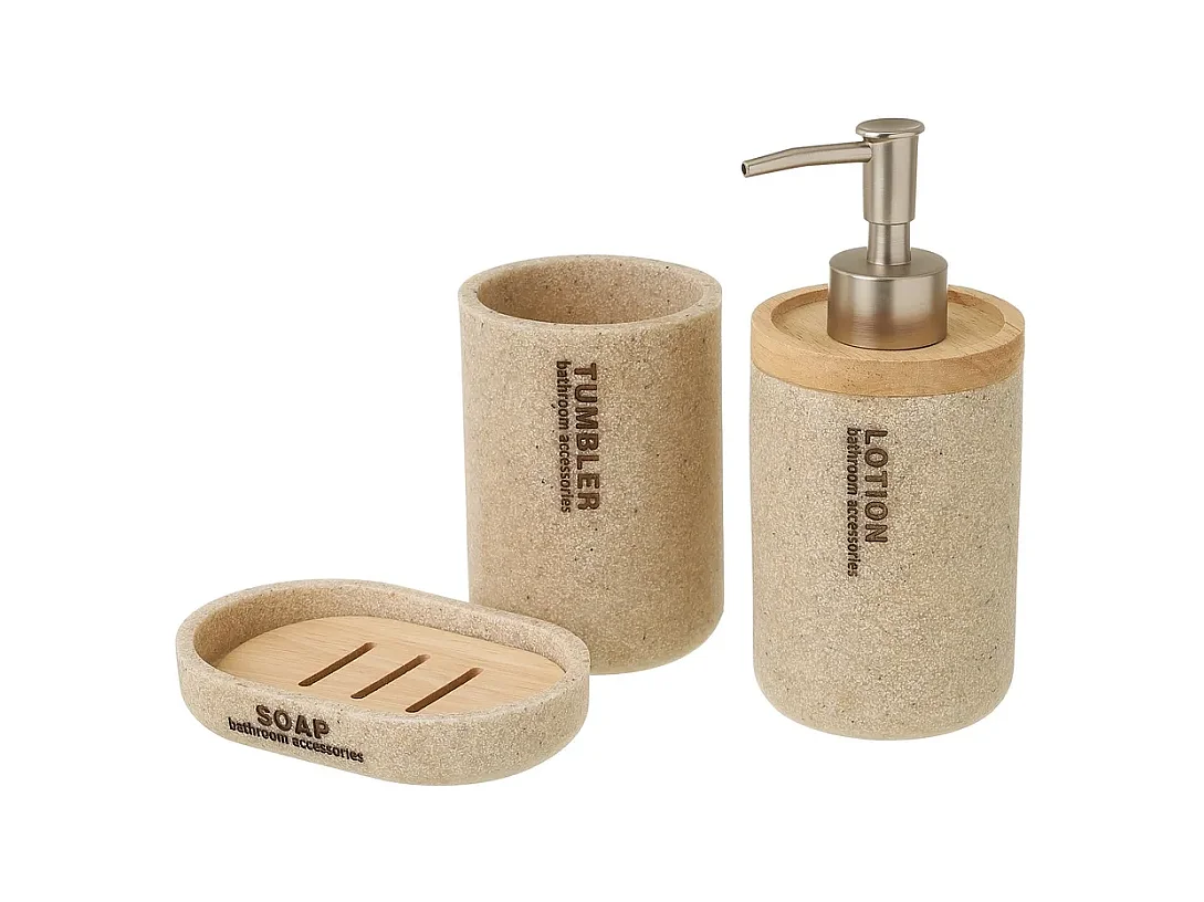 Ensemble d'accessoires salle de bain 3 pièces, set salle de bain avec distributeur de savon en polyrésine/bois coloris beige