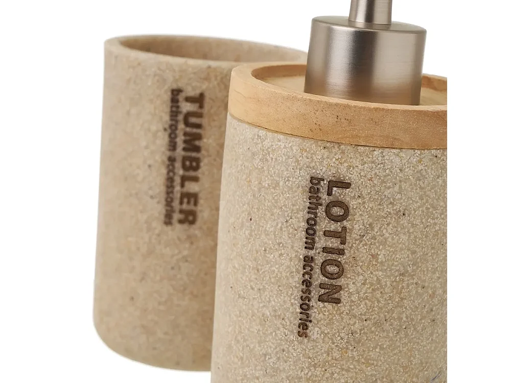 Ensemble d'accessoires salle de bain 3 pièces, set salle de bain avec distributeur de savon en polyrésine/bois coloris beige