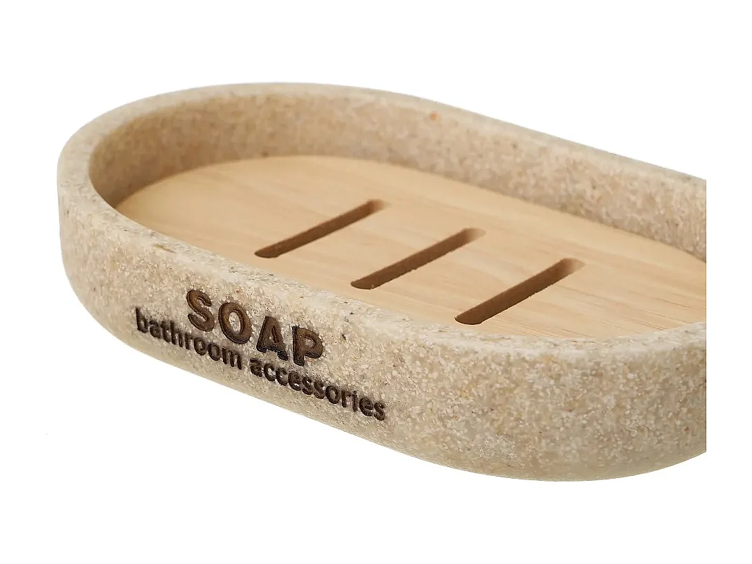 Ensemble d'accessoires salle de bain 3 pièces, set salle de bain avec distributeur de savon en polyrésine/bois coloris beige