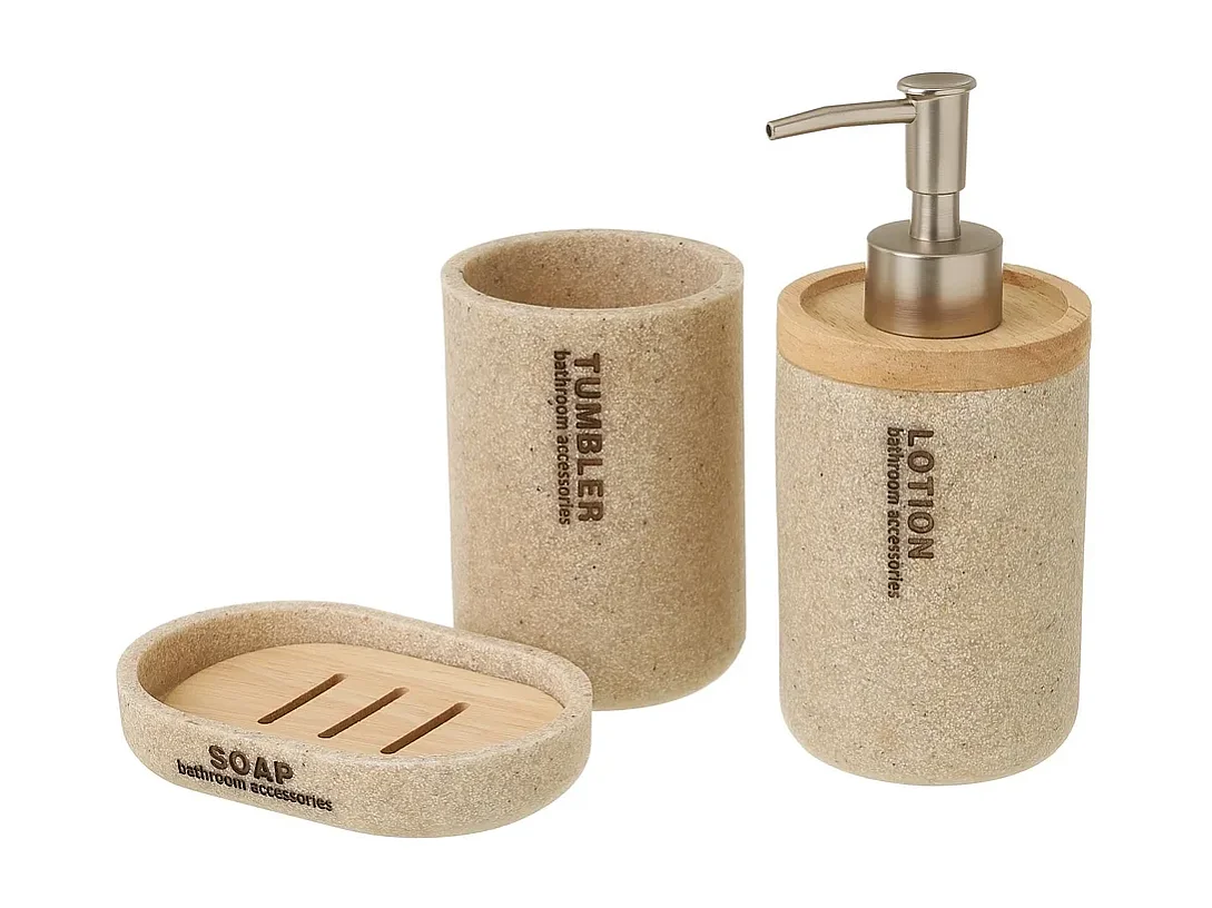 Ensemble d'accessoires salle de bain 3 pièces, set salle de bain avec distributeur de savon en polyrésine/bois coloris beige