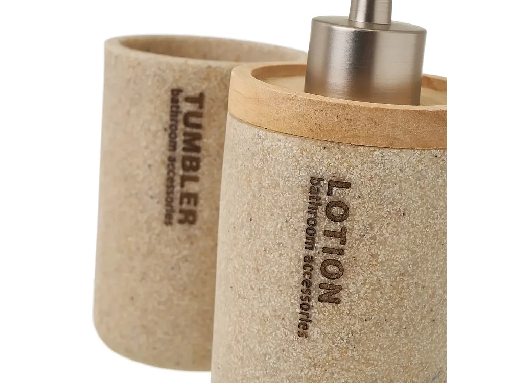 Ensemble d'accessoires salle de bain 3 pièces, set salle de bain avec distributeur de savon en polyrésine/bois coloris beige