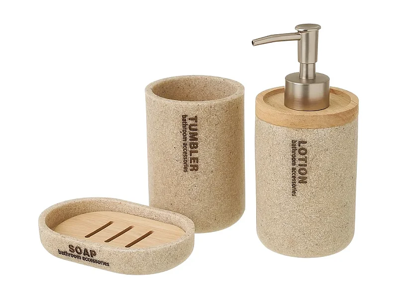 Ensemble d'accessoires salle de bain 3 pièces, set salle de bain avec distributeur de savon en polyrésine/bois coloris beige
