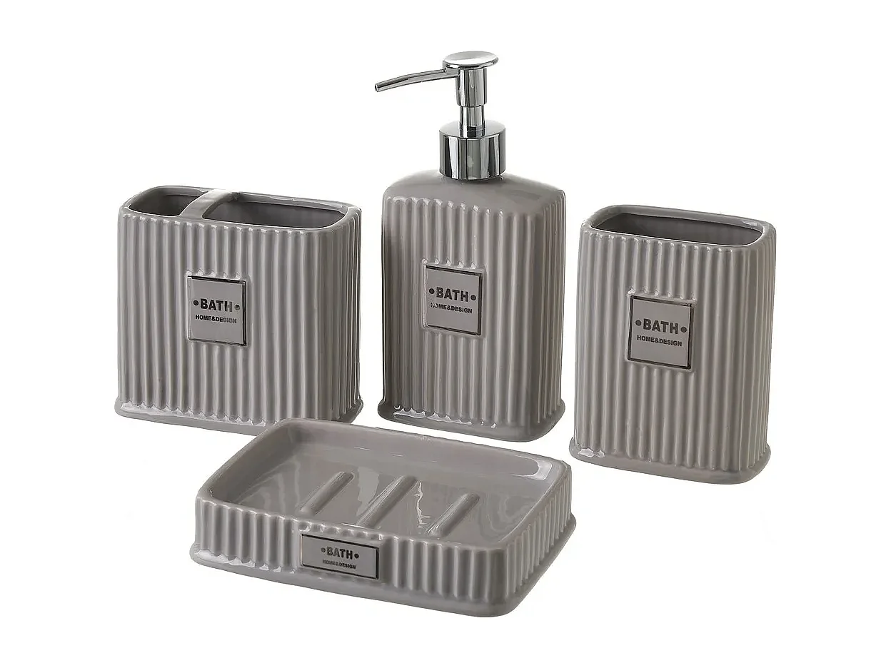 Ensemble d'accessoires salle de bain 4 pièces, set salle de bain avec distributeur de savon en céramique coloris gris