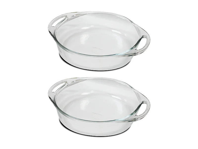 Lot de 2 plat à four rond avec anses, moule de cuisson en verre, capacité 2.4 L - Longueur 32.2 x Profondeur 26.3 x Hauteur 5.8 cm