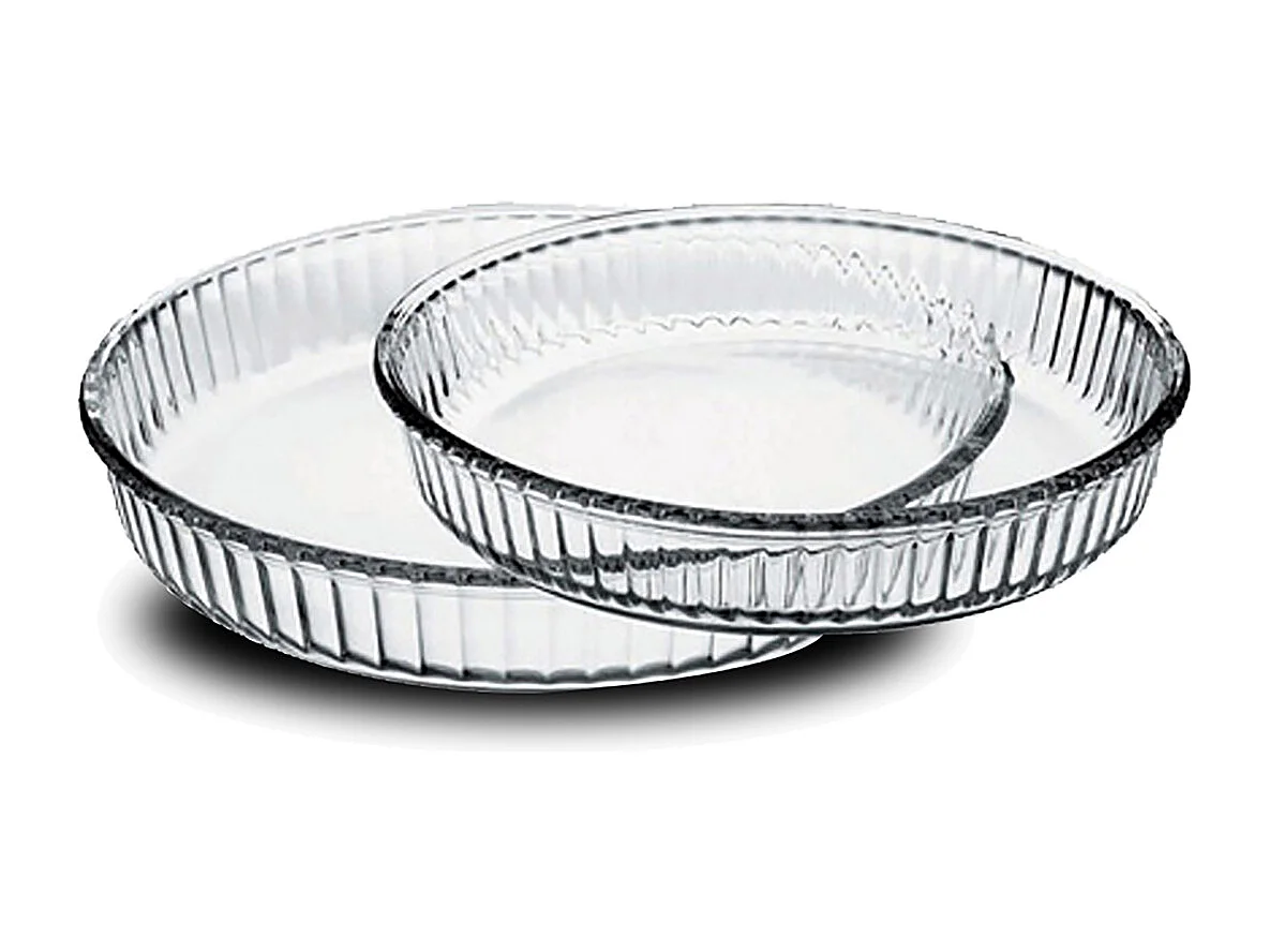 Lot de 2 plats à tarte plat à four polyvalent en verre forme ronde transparent - Diamètre 32/26 cm