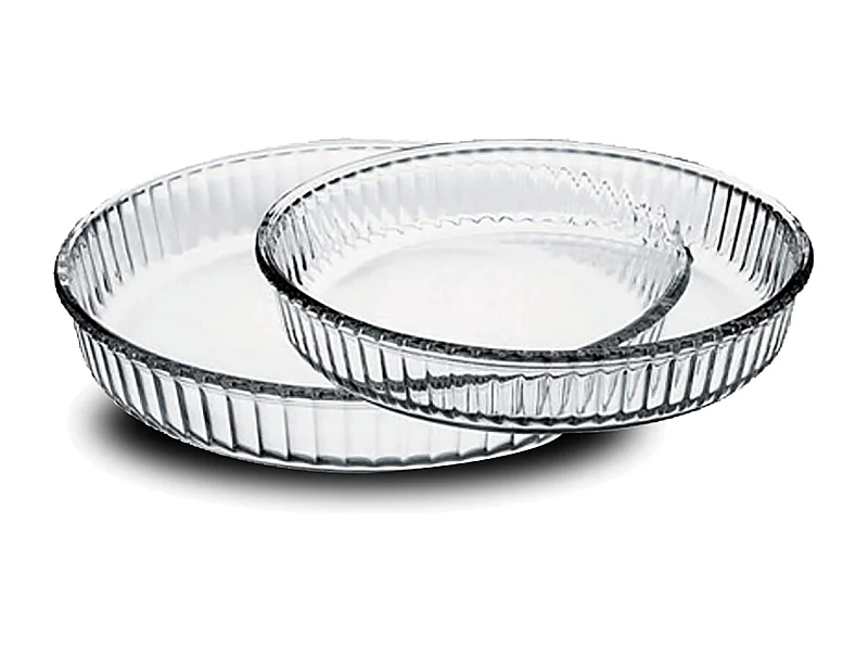 Lot de 2 plats à tarte plat à four polyvalent en verre forme ronde transparent - Diamètre 32/26 cm