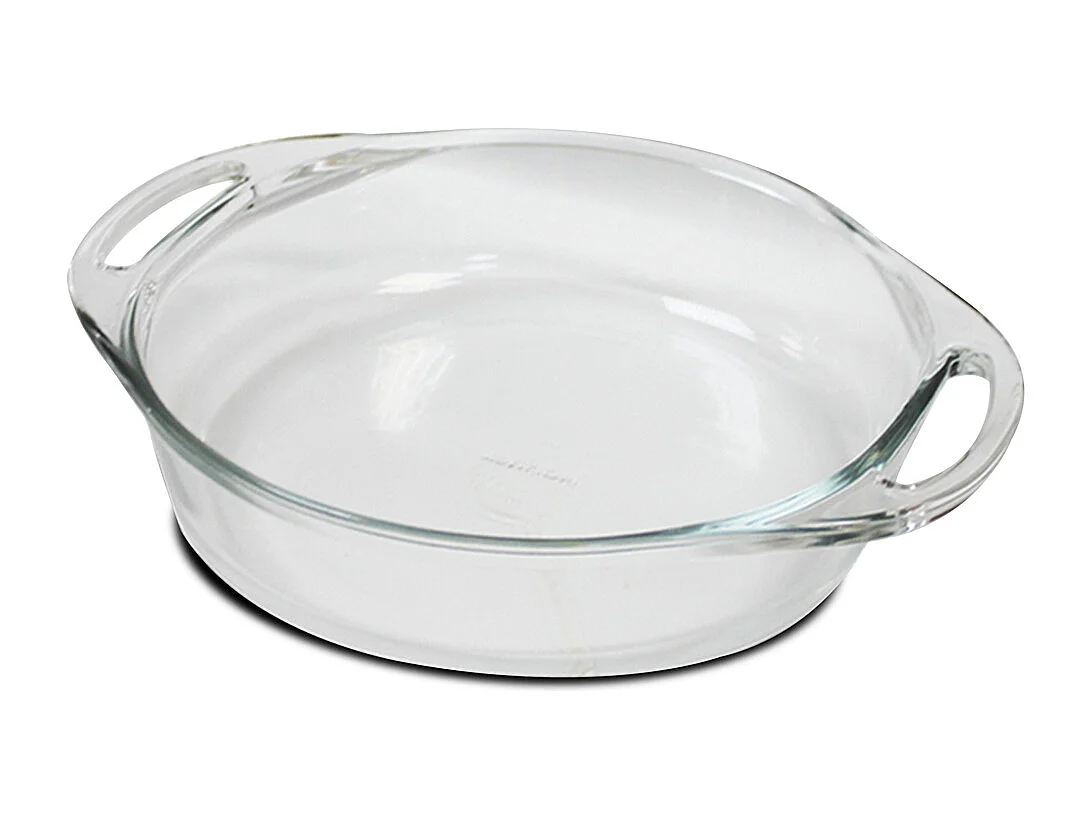 Plat à four rond avec anses, moule de cuisson en verre, capacité 2.4 L - Longueur 32.2 x Profondeur 26.3 x Hauteur 5.8 cm