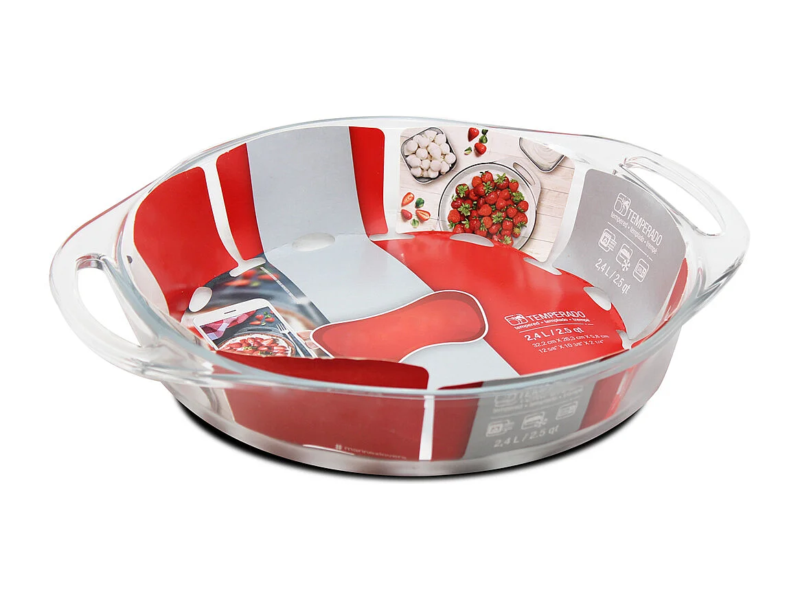 Plat à four rond avec anses, moule de cuisson en verre, capacité 2.4 L - Longueur 32.2 x Profondeur 26.3 x Hauteur 5.8 cm
