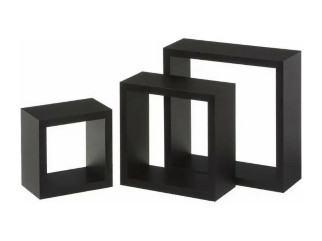 Set de 3 cubes étagères murales coloris noir - Longueur 25 x Profondeur 25 x Hauteur 9 cm