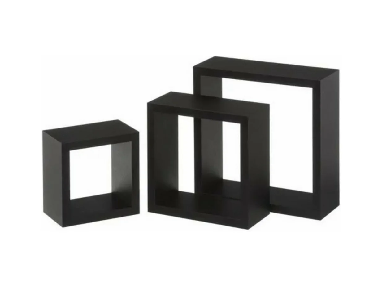 Set de 3 cubes étagères murales coloris noir - Longueur 25 x Profondeur 25 x Hauteur 9 cm