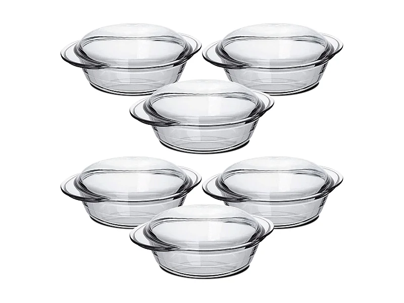 Lot de 6 cocotte ronde avec couvercle, casserole avec poignées en verre, capacité 0.7 L - Longueur 19.5 x Profondeur 15.9 x Hauteur 6.5 cm