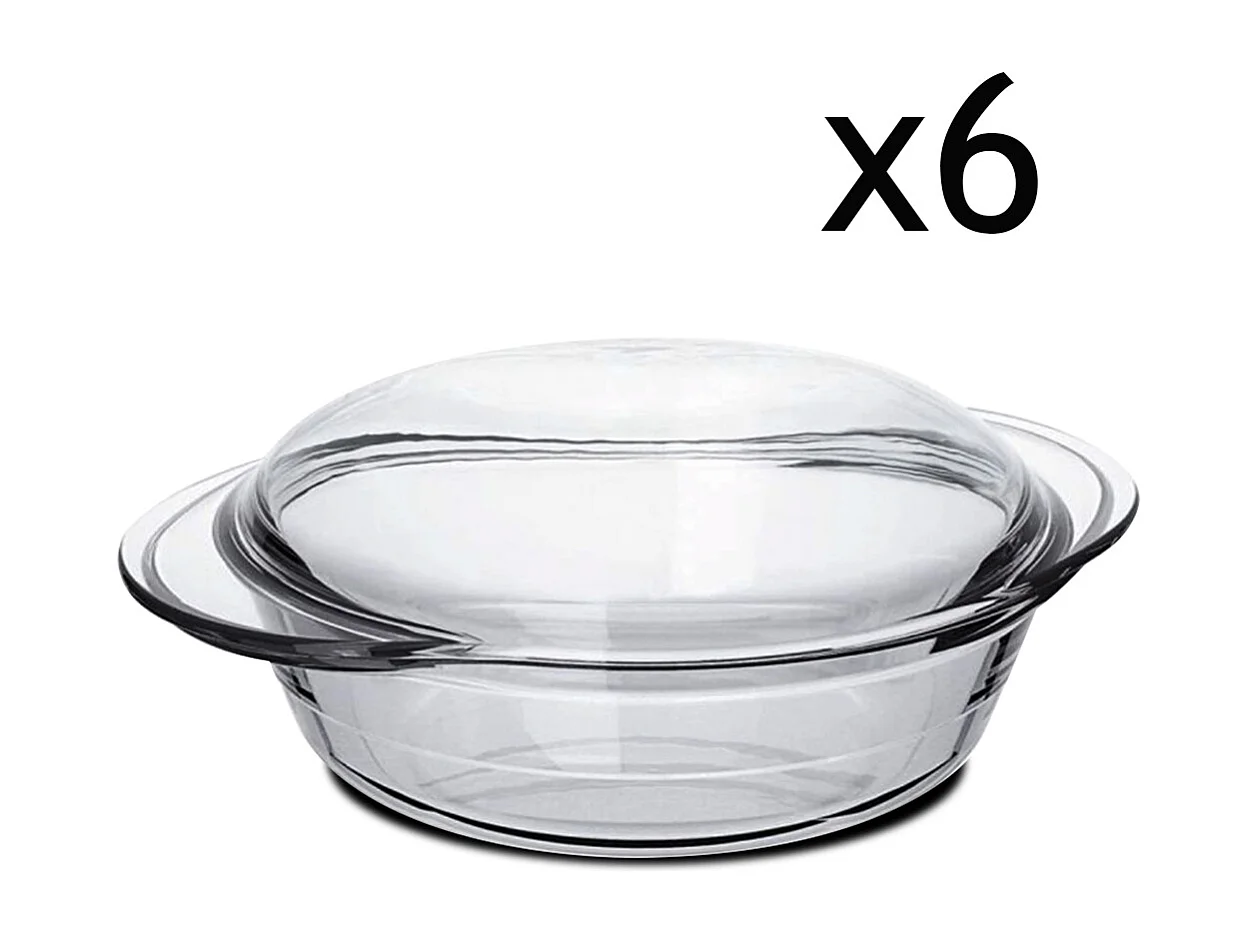 Lot de 6 cocotte ronde avec couvercle, casserole avec poignées en verre, capacité 1.9 L - Longueur 27.2 x Profondeur 22.5 x Hauteur 6.9 cm