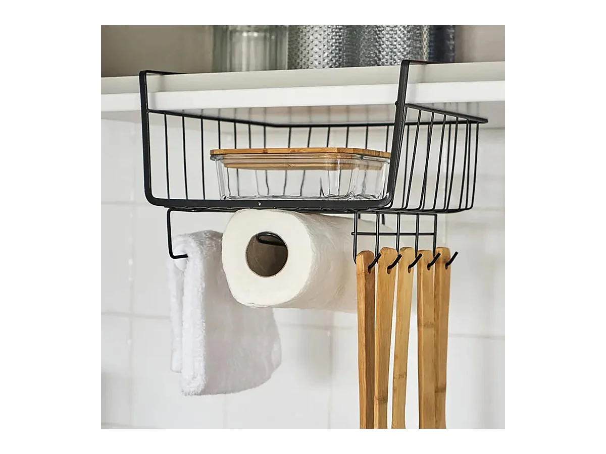 Panier suspendu pour ustensiles avec porte-rouleau coloris noir - Longueur 29 x Profondeur 24,50 x Hauteur 18,50 cm