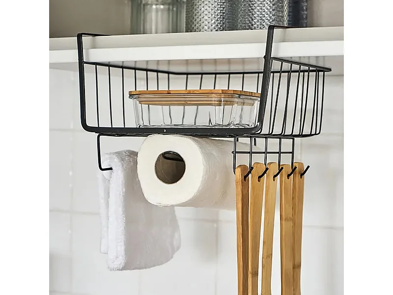 Panier suspendu pour ustensiles avec porte-rouleau coloris noir - Longueur 29 x Profondeur 24,50 x Hauteur 18,50 cm