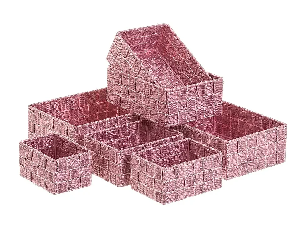 Lot de 7 panier de rangement tressé, caisse de rangement rectangulaire en polypropylène coloris rose