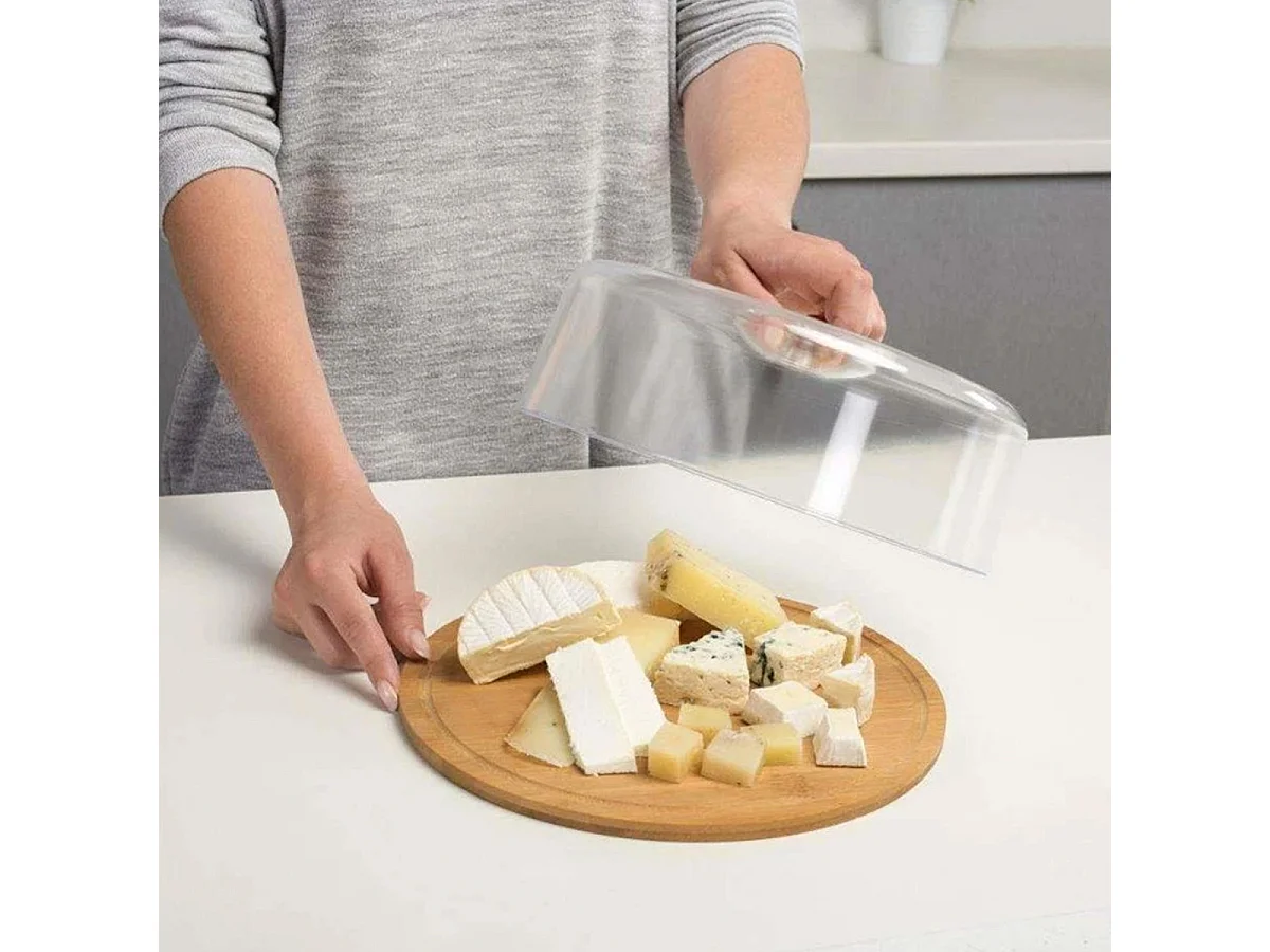 Plateau à fromage rond avec cloche, cloche à fromage en bambou coloris naturel - Ø 28 x Hauteur 10 cm