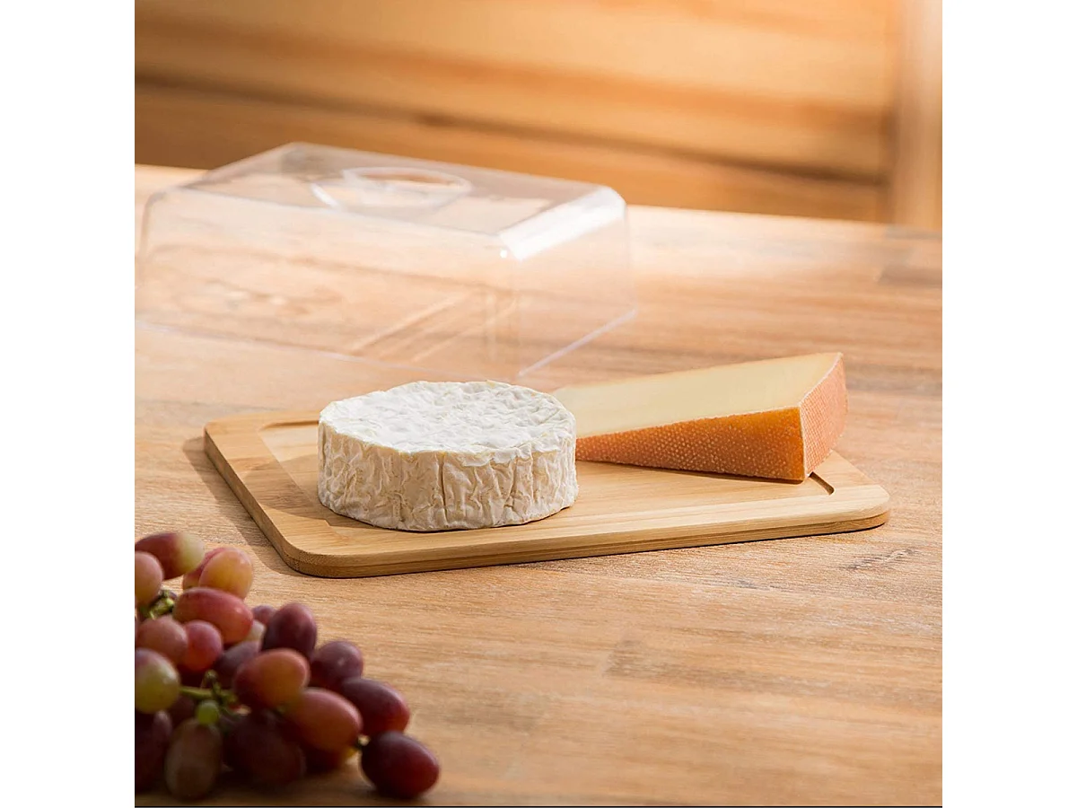 Plateau à fromage rectangulaire avec cloche, cloche à fromage en bambou coloris naturel - Longueur 24 x Profondeur 18.5 x Hauteur 6.6 cm