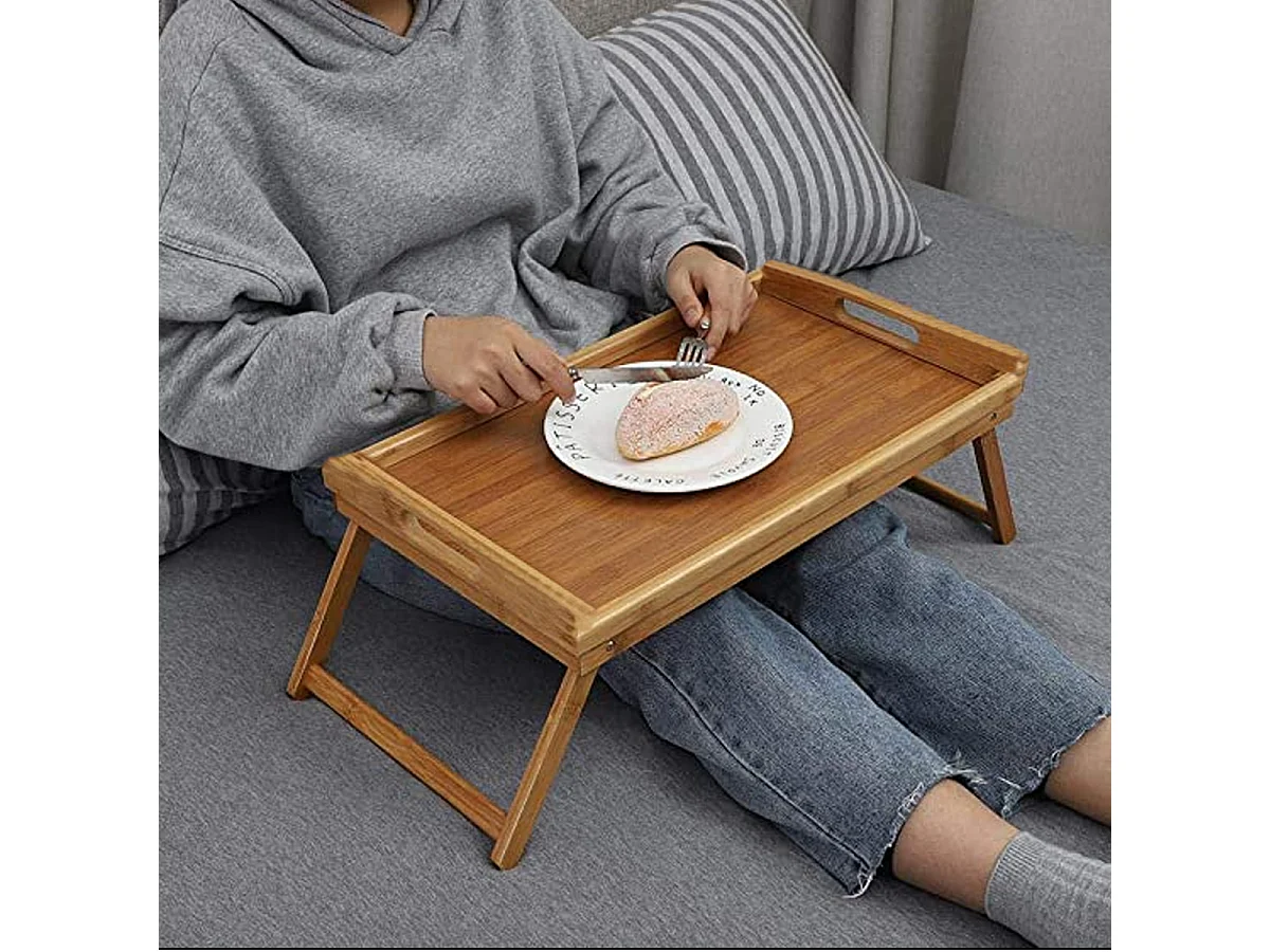 Plateau de petit-déjeuner avec pieds pliables, plateau de lit, plateau de service en bambou - Longueur 44 x Profondeur 27 x Hauteur (5.5-22.5) cm